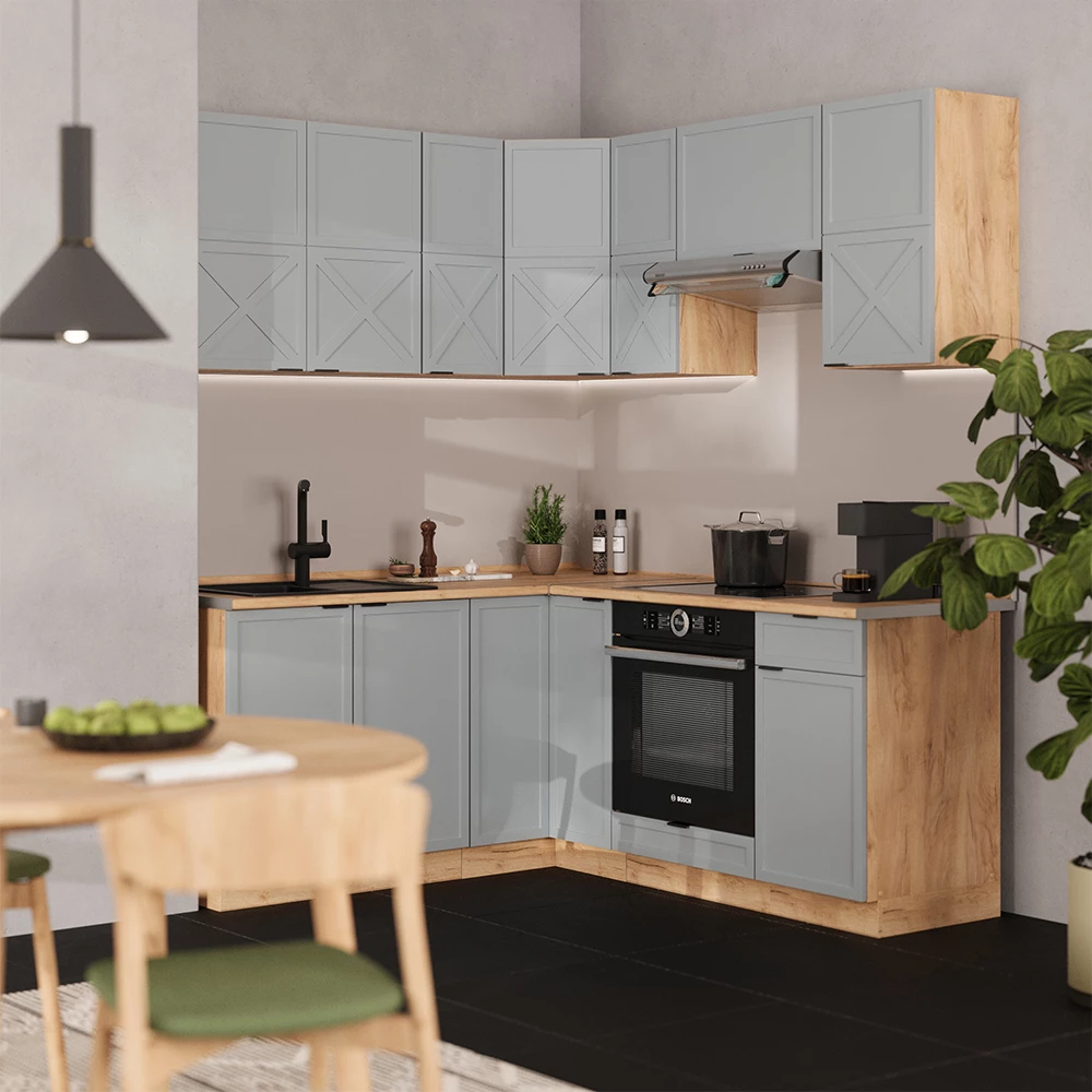 Ugaona kuhinja u boji Hellblau-grau/Goldkraft Eiche na bijeloj pozadini