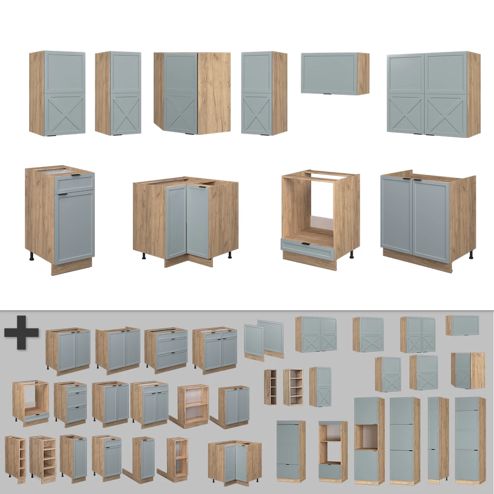 Gros plan de Cuisine en angle en Bleu clair-gris/chêne force d'or, montrant le design et les détails de surface