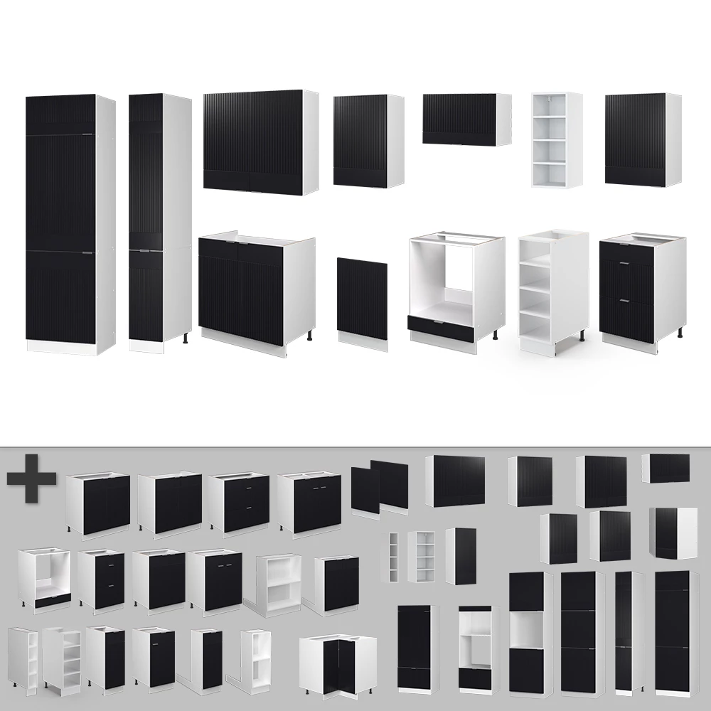 Gros plan de Cuisine en Noir rayé/blanc, montrant le design et les détails de surface