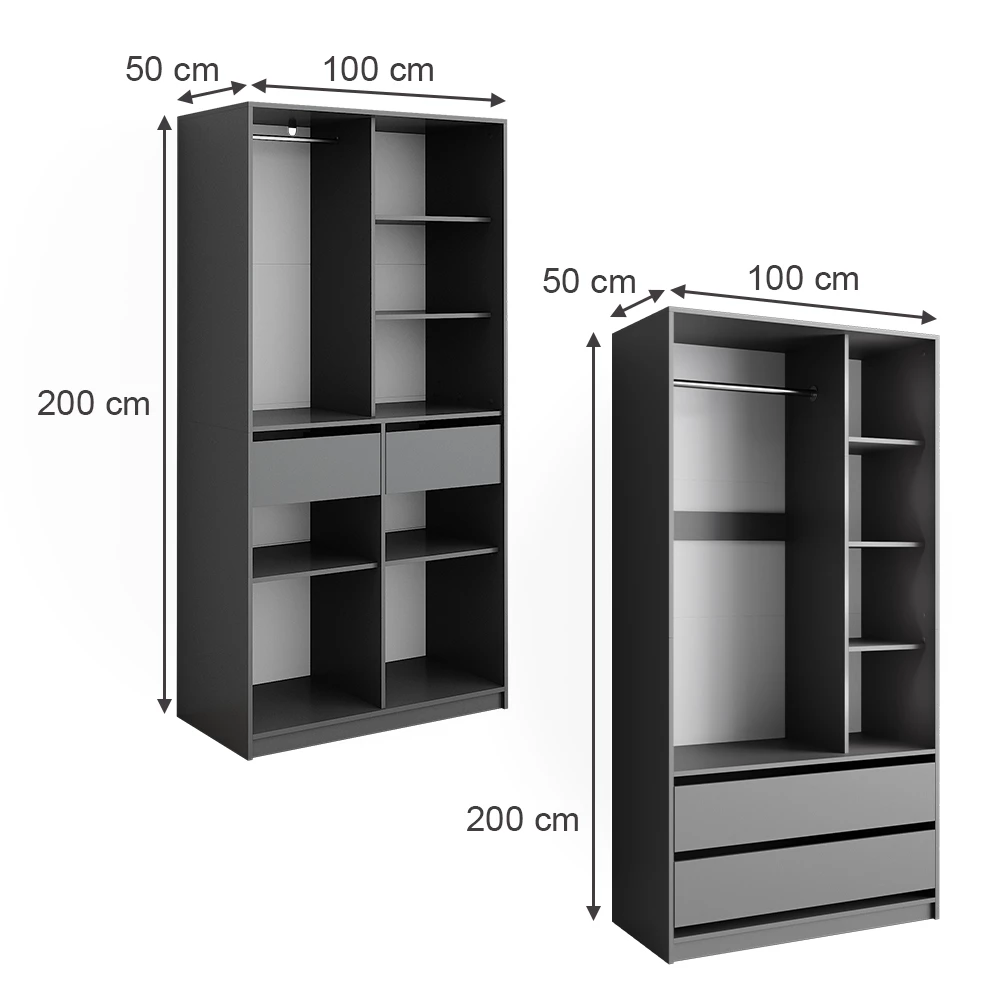 Garderobe i farven Antracit på hvid baggrund med synlige dimensioner