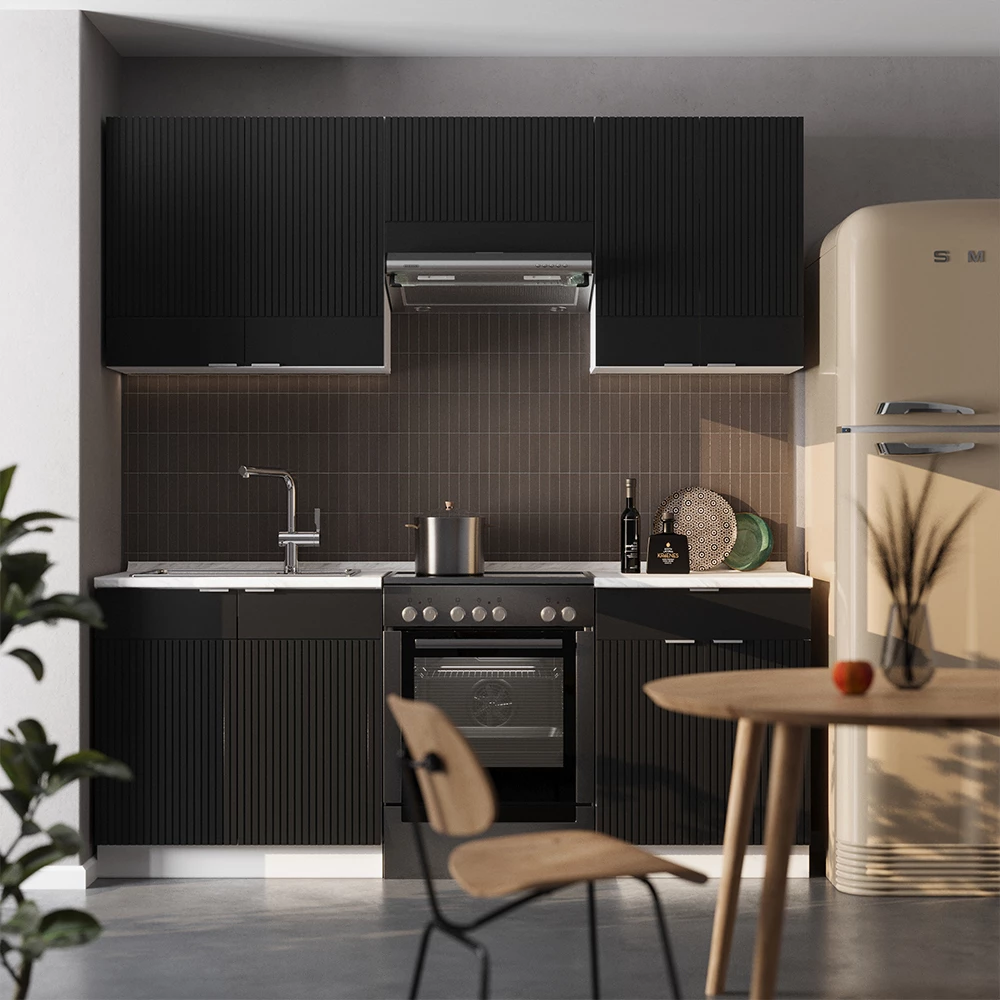 Konyhabútor Fekete csíkos/fehér színben fehér háttéren