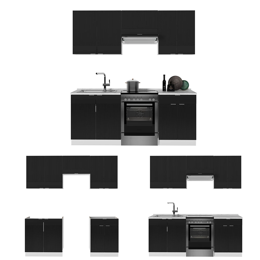 Cuisine en Noir rayé/blanc sur fond blanc avec des éléments décoratifs