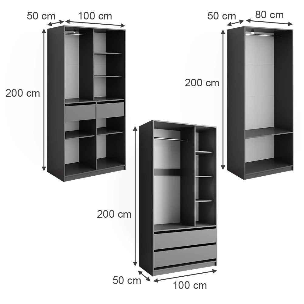 livinity® Kleiderschrank Anthrazit 100 x 200 cm 3er Set, Elmo