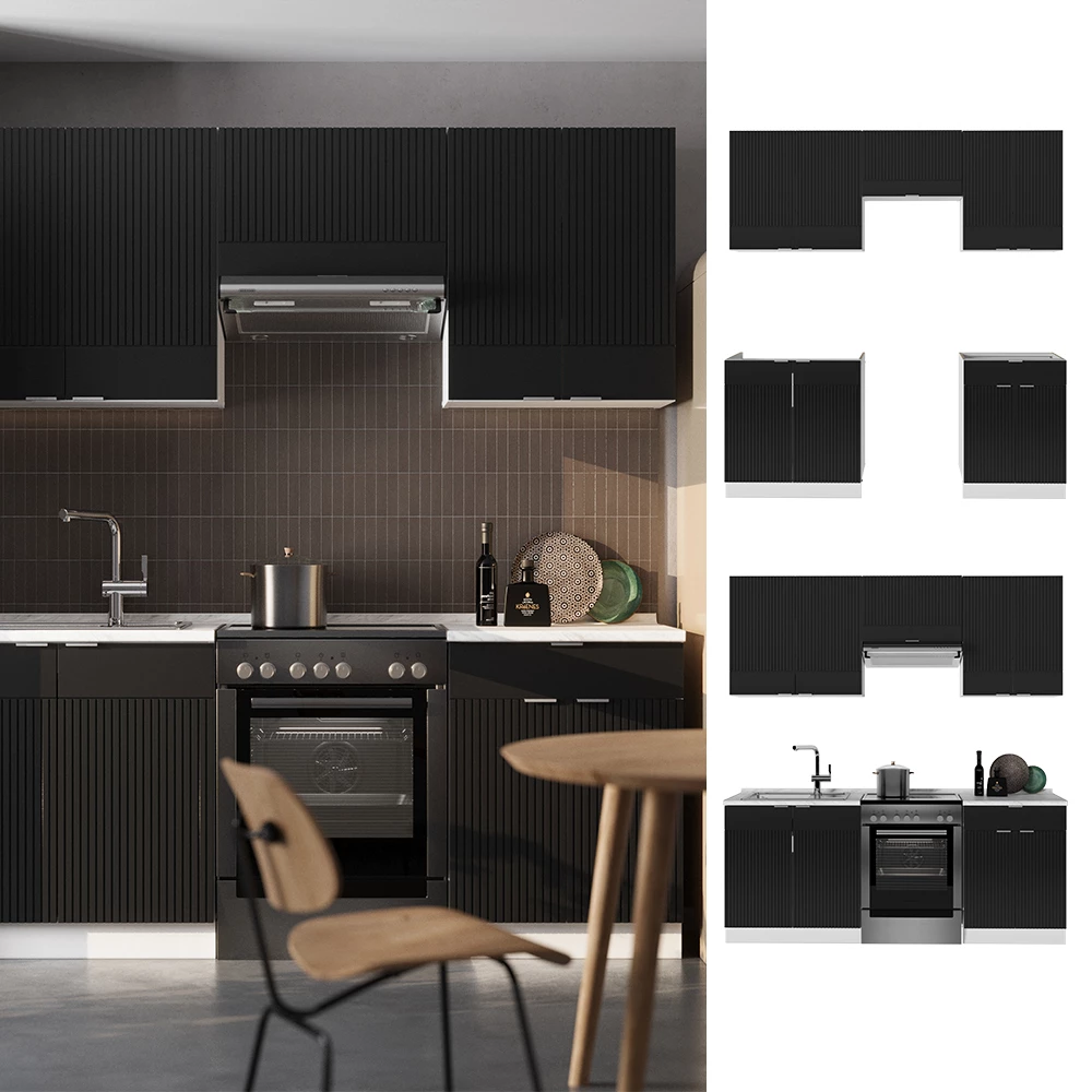 Cuisine en Noir rayé/blanc, présenté dans un décor ambiant et sur fond blanc