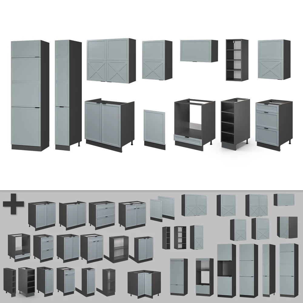 Gros plan de Cuisine en Bleu clair-gris/anthracite, montrant le design et les détails de surface