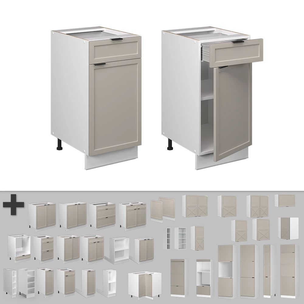 Nahaufnahme von Küchenunterschrank in GrauBeige, zeigt Design- und Oberflächendetails