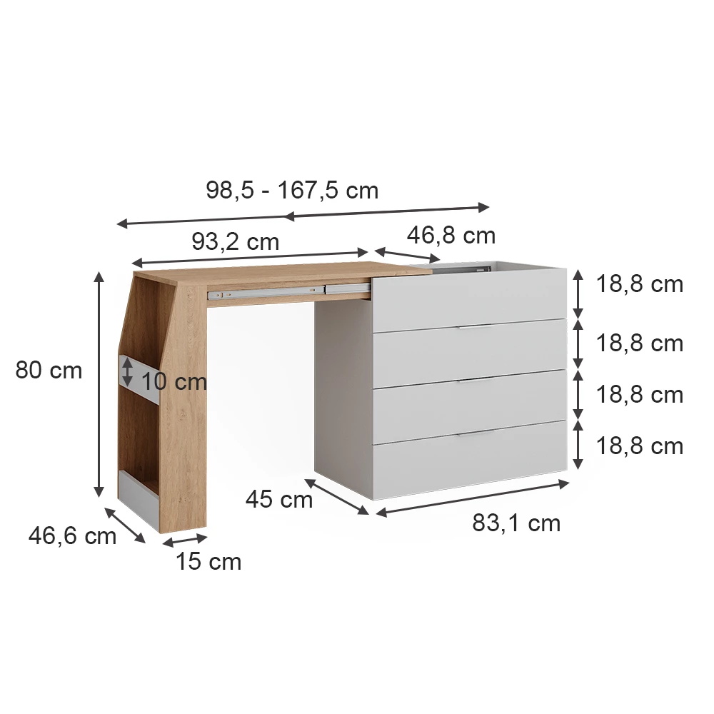 Basteltisch in Weiß auf weißem Hintergrund mit sichtbaren Maßen