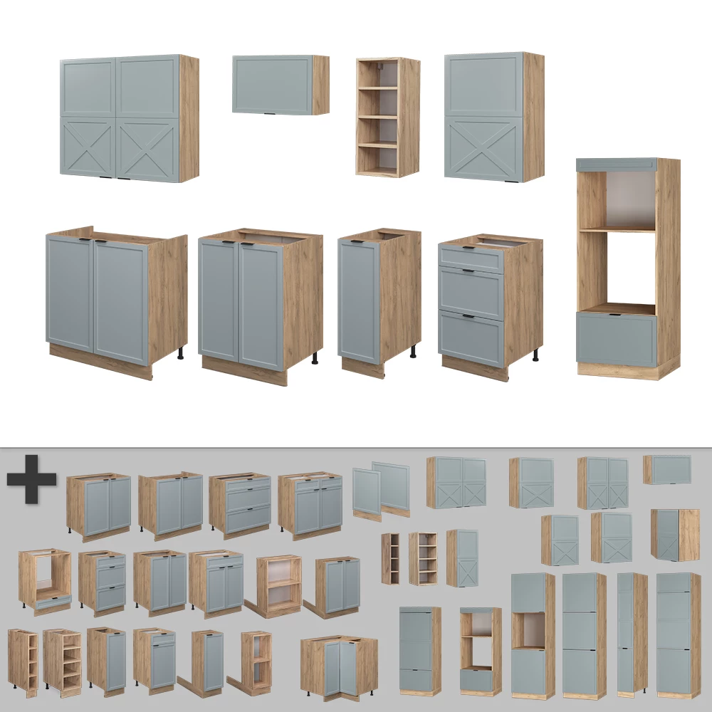 Gros plan de Cuisine en Bleu clair-gris/chêne force d'or, montrant le design et les détails de surface