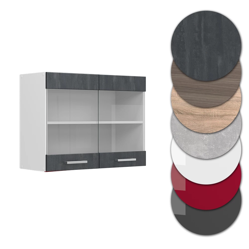 Nahaufnahme von Küchenglasschrank in Schwarz Beton, zeigt Design- und Oberflächendetails