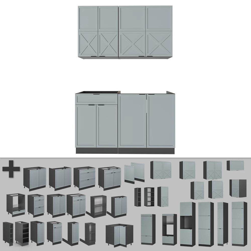 Gros plan de Cuisine en Bleu clair-gris/anthracite, montrant le design et les détails de surface
