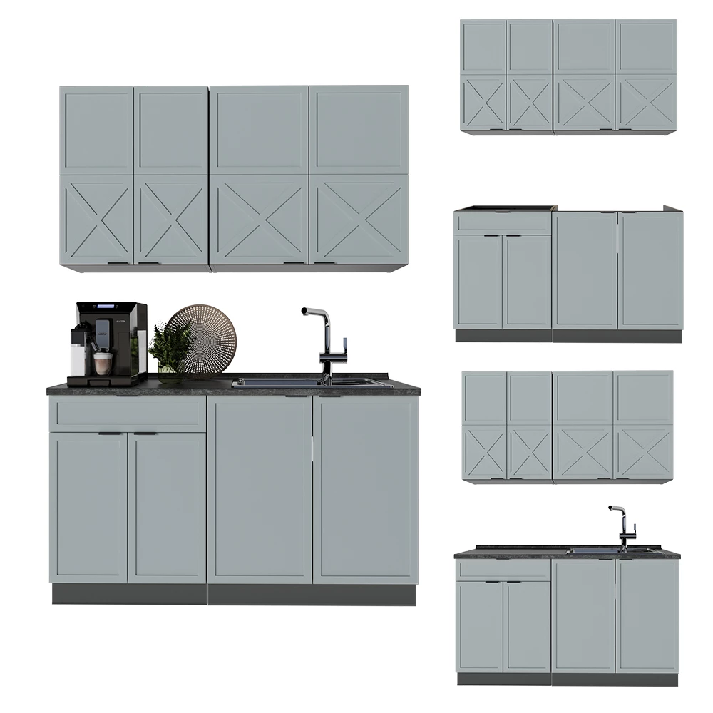 Cuisine en Bleu clair-gris/anthracite sur fond blanc avec des éléments décoratifs