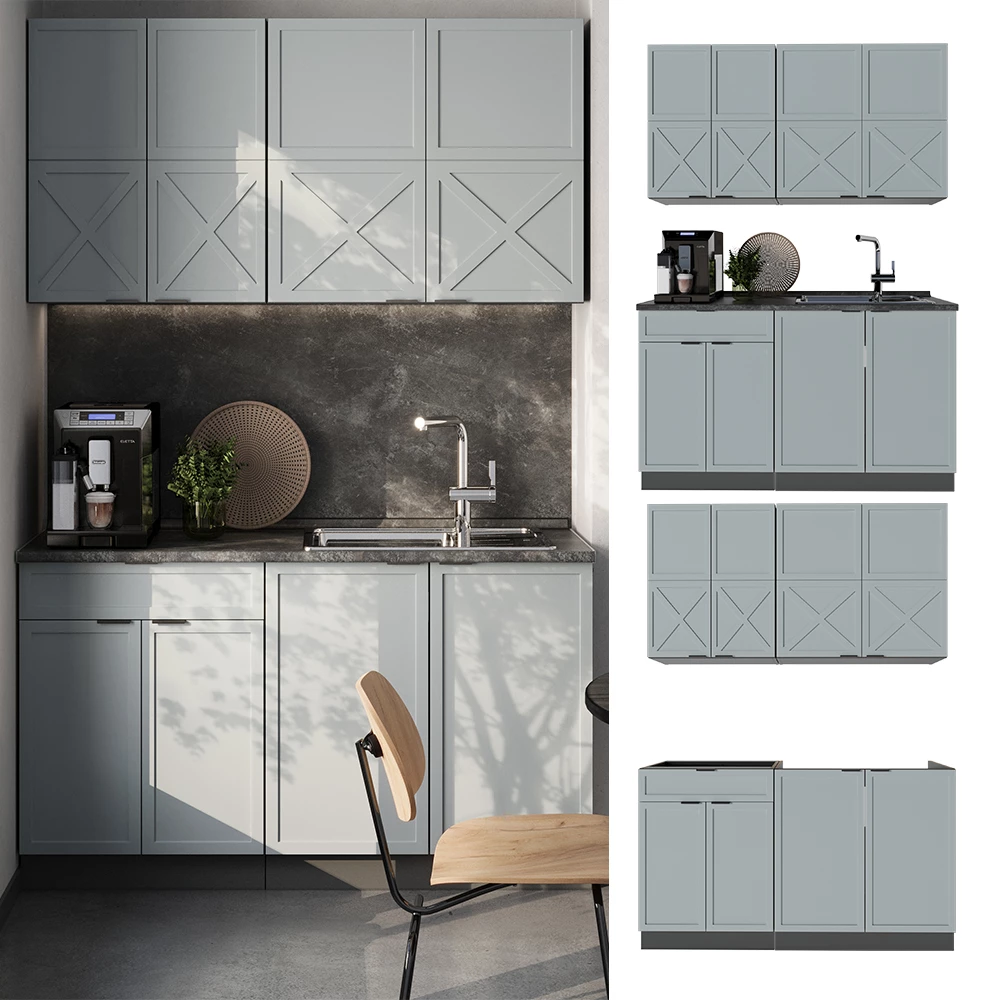Cuisine en Bleu clair-gris/anthracite, présenté dans un décor ambiant et sur fond blanc