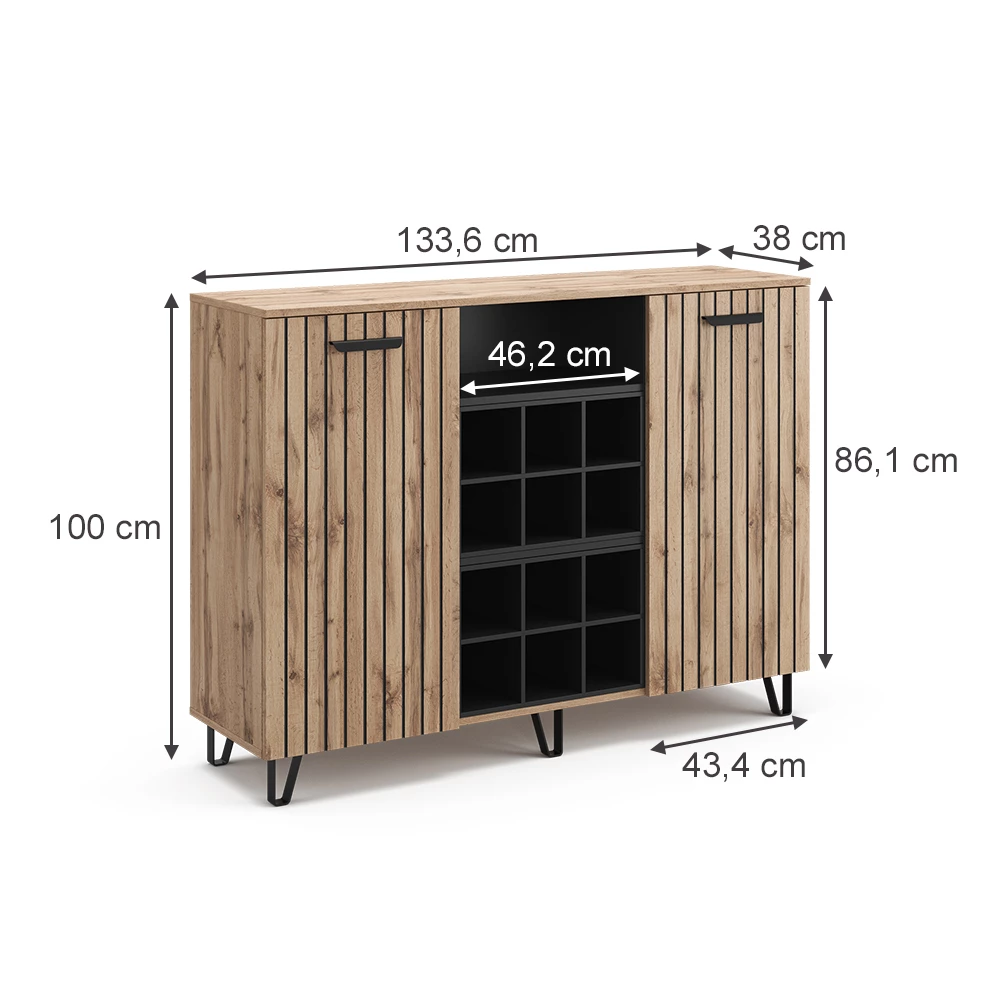 Kommode in Braun auf weißem Hintergrund mit sichtbaren Maßen