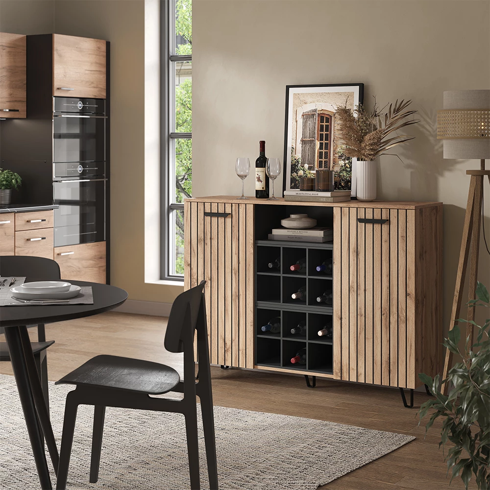 Dressoir in Bruin op een witte achtergrond met decoratieve elementen