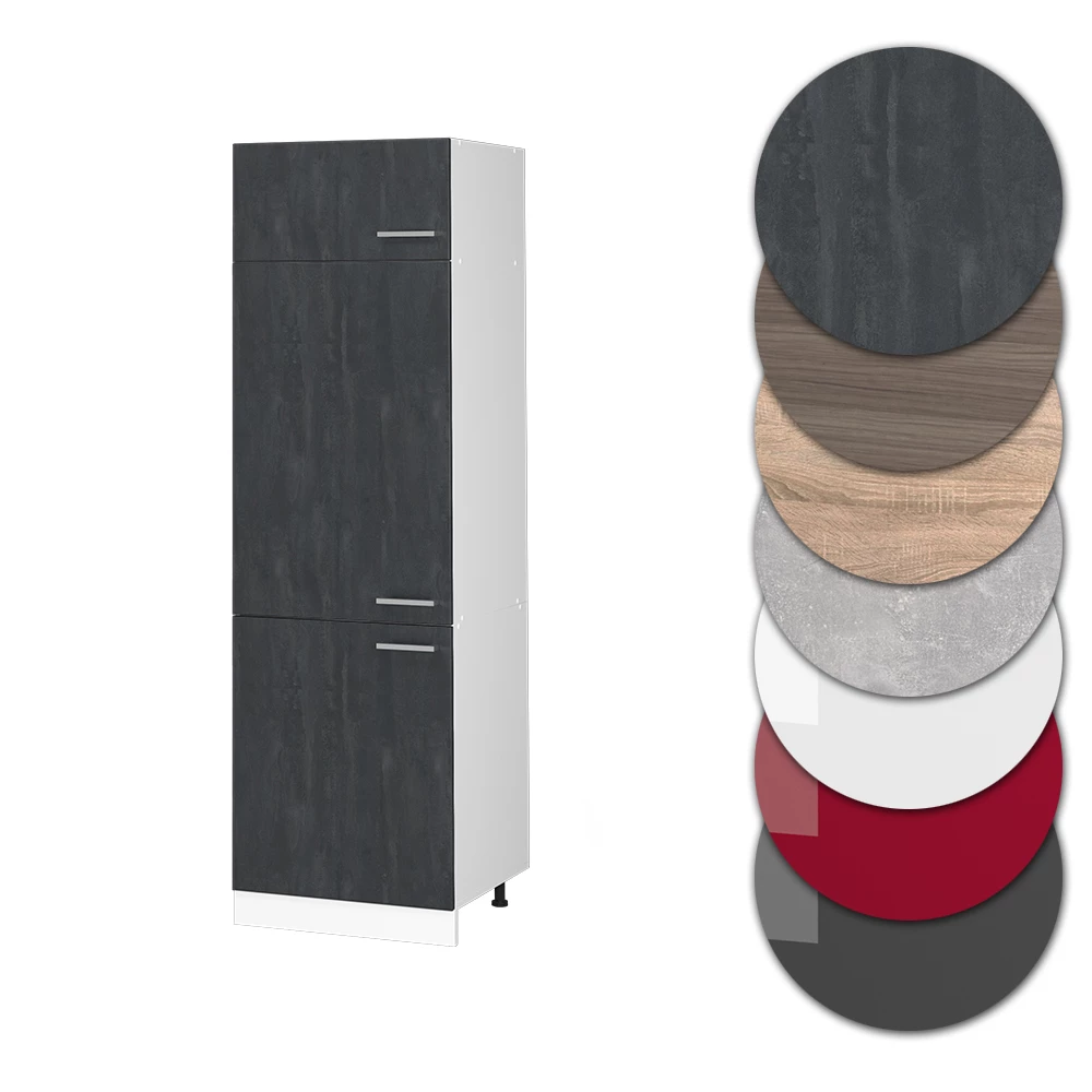 Nahaufnahme von Kühlumbauschrank in Schwarz Beton, zeigt Design- und Oberflächendetails