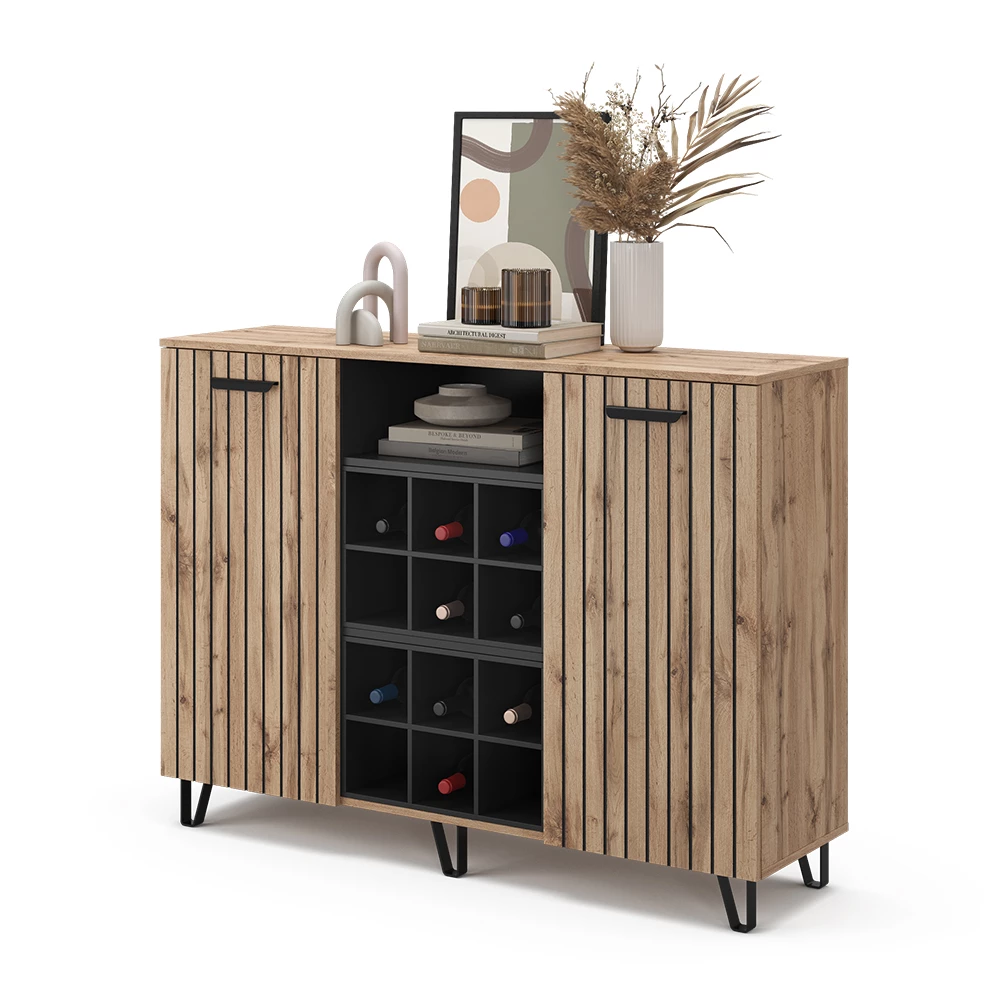Dressoir in Bruin op een witte achtergrond met decoratieve elementen