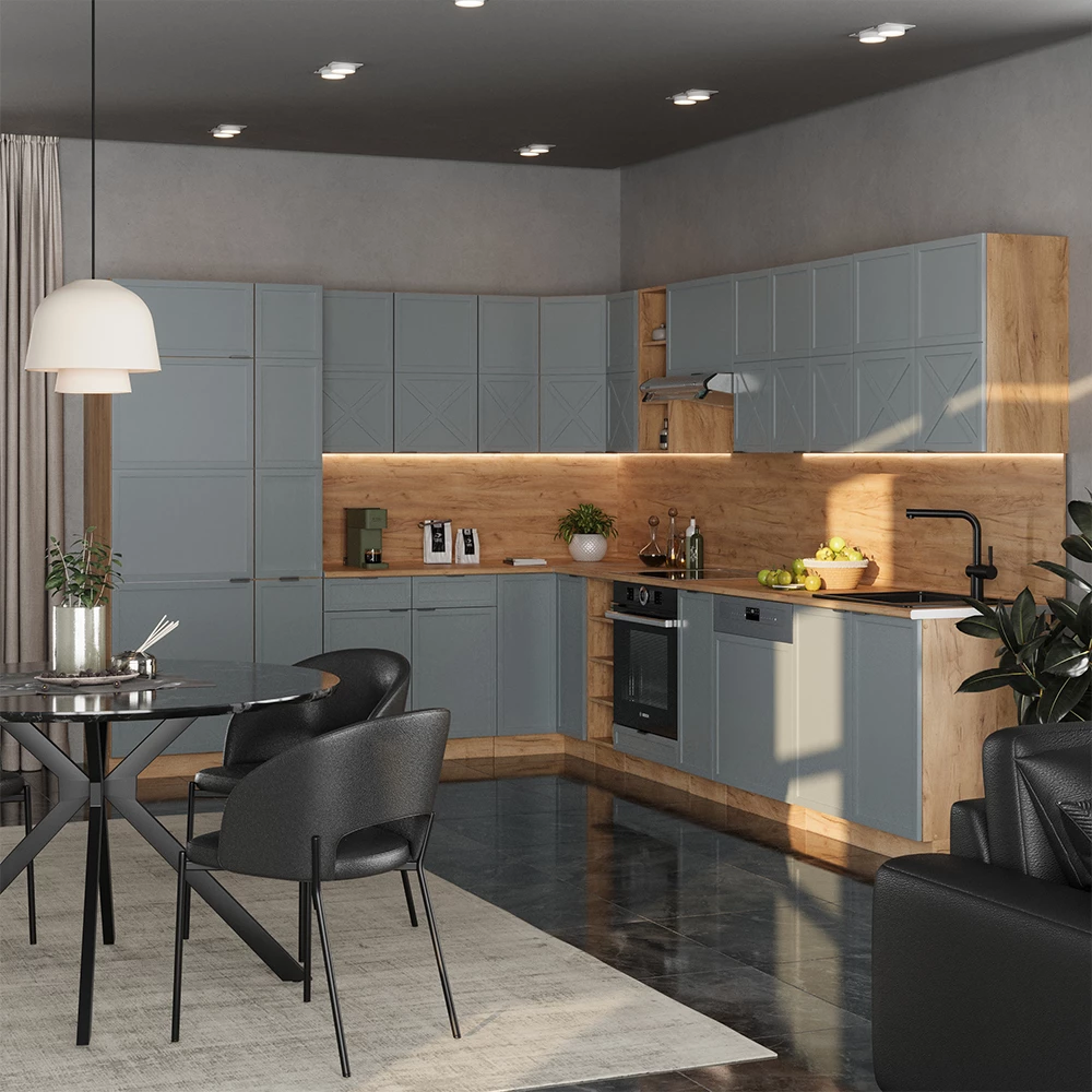 Rohová kuchyňa in Svetlo modrošedý/zlatý dub on white background