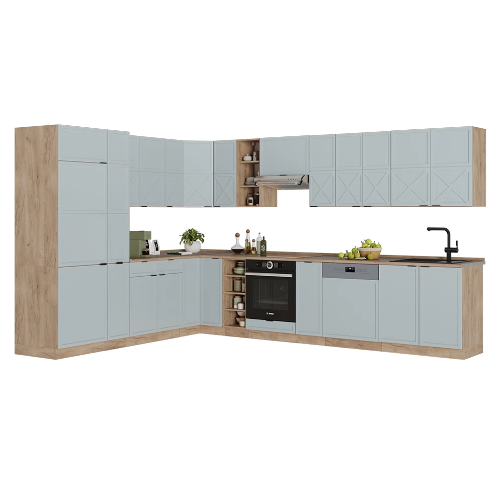 Nahaufnahme von Eckküche in Hellblau-grau/Goldkraft Eiche, zeigt Design- und Oberflächendetails