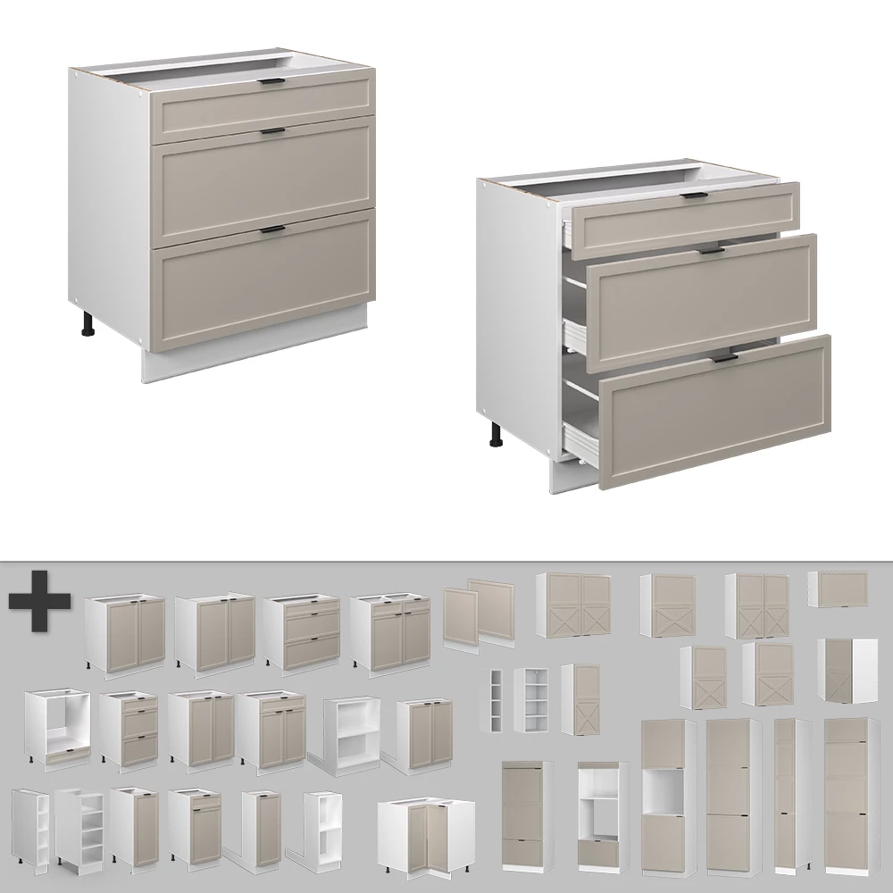 Nahaufnahme von Küchenunterschrank in GrauBeige, zeigt Design- und Oberflächendetails