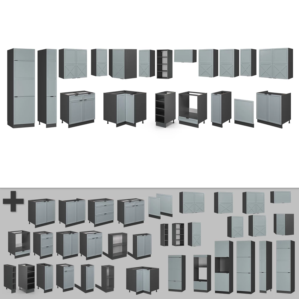 Gros plan de Cuisine en angle en Bleu clair-gris/anthracite, montrant le design et les détails de surface