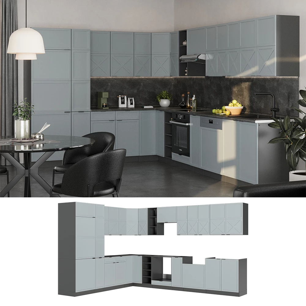 Cuisine en angle en Bleu clair-gris/anthracite, présenté dans un décor ambiant et sur fond blanc