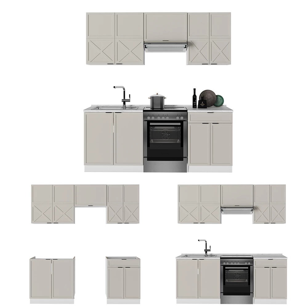 Complete keukeneenheid in Grijs/beige/wit on white background with decorative elements