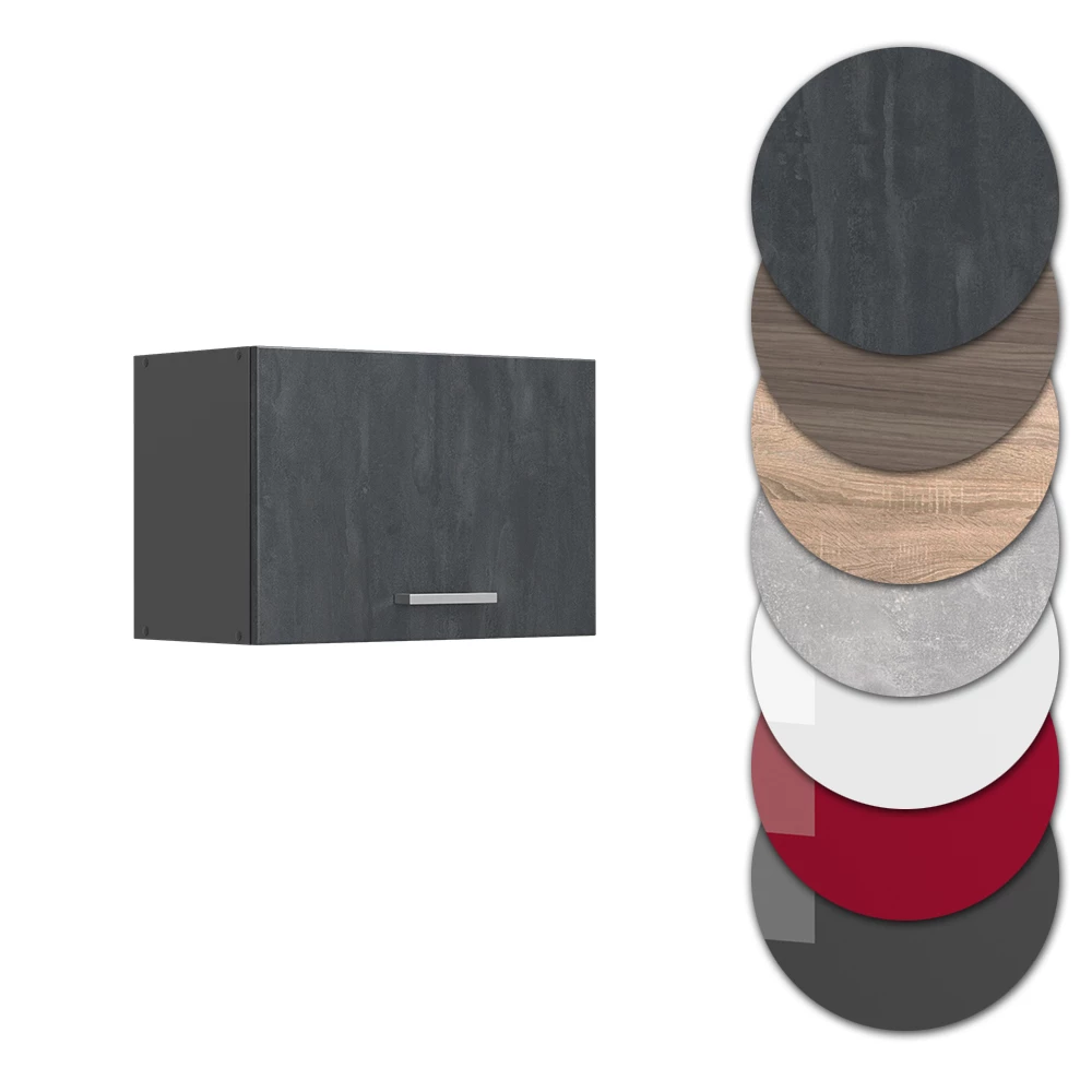 Nahaufnahme von Hängeschrank in Schwarz Beton, zeigt Design- und Oberflächendetails