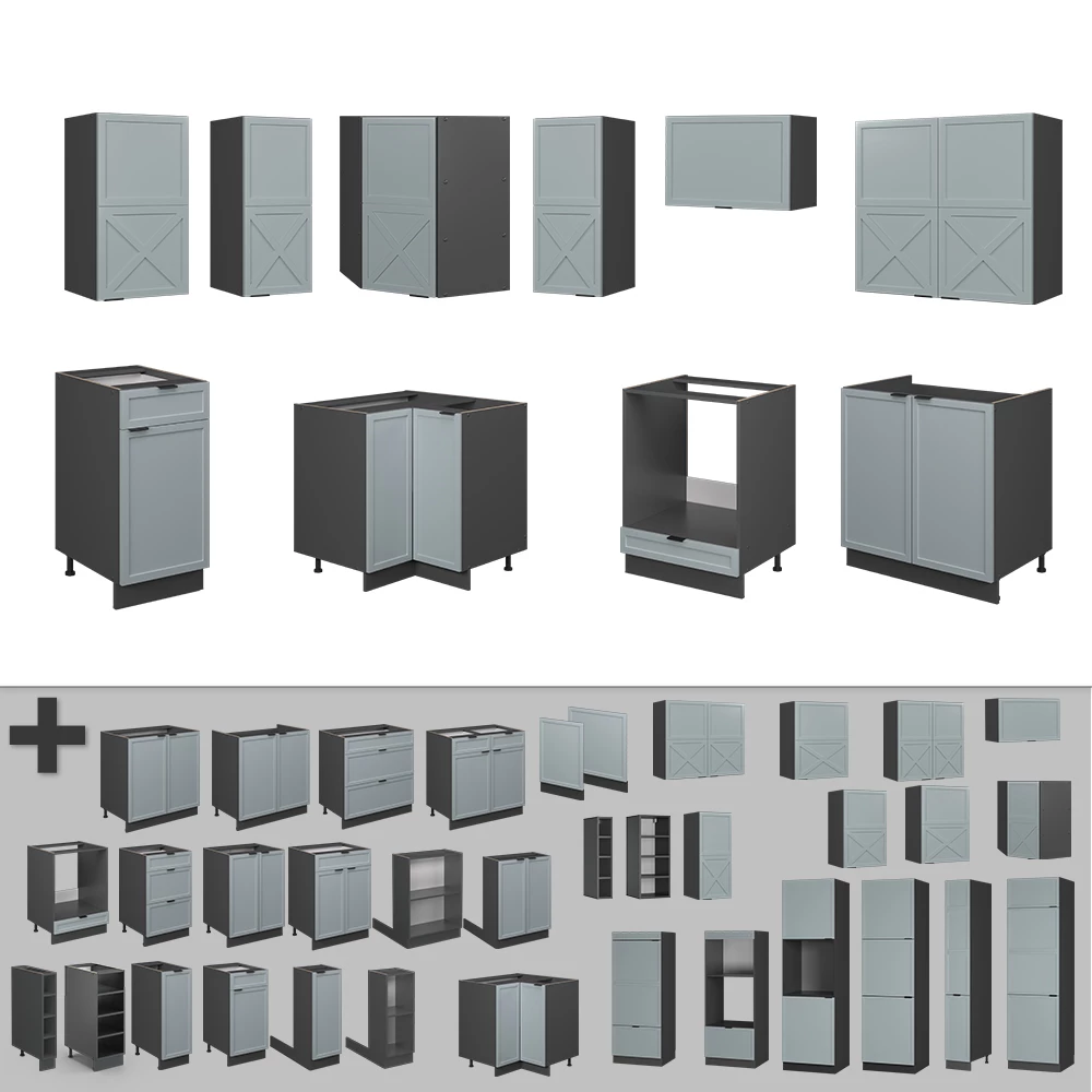 Gros plan de Cuisine en angle en Bleu clair-gris/anthracite, montrant le design et les détails de surface