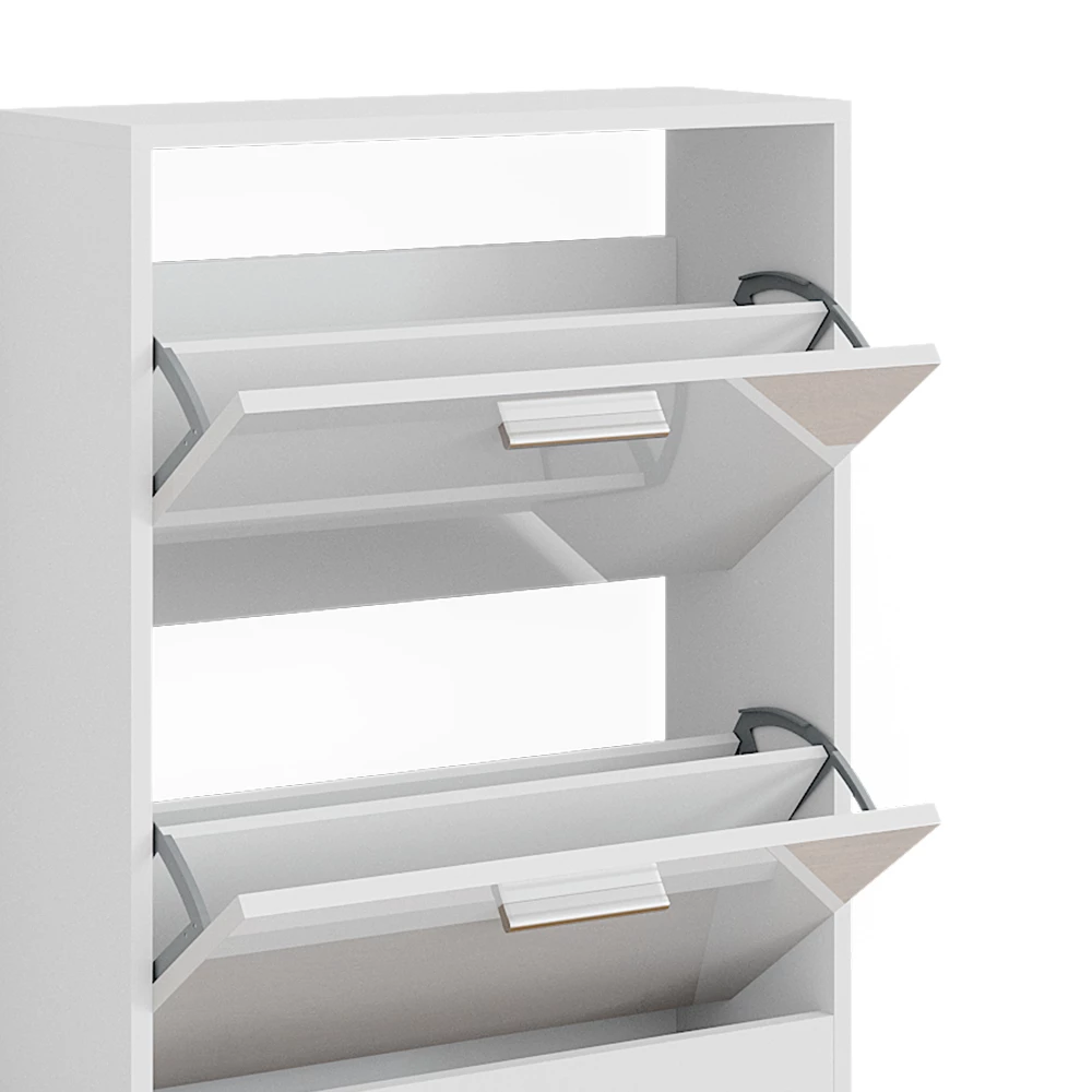 Nahaufnahme von Schuhschrank in Weiß Hochglanz, zeigt Design- und Oberflächendetails