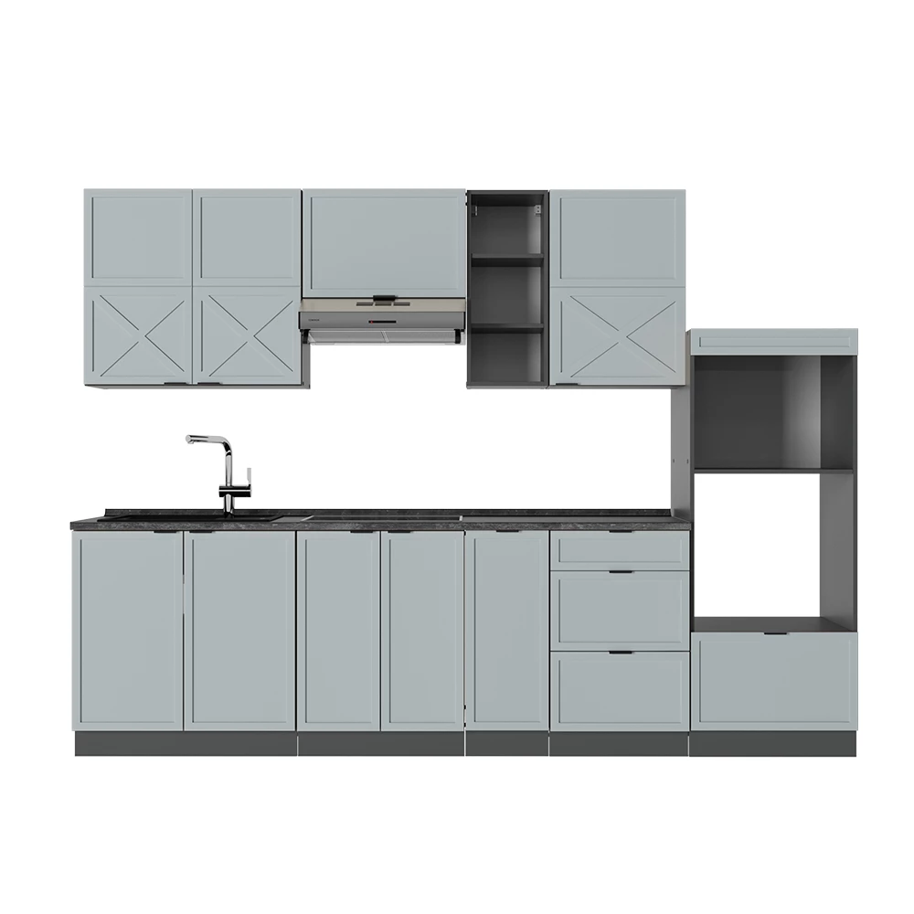 Ligne de cuisine en Bleu clair-gris/anthracite sur fond blanc