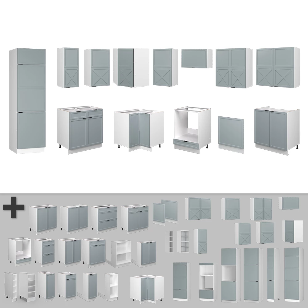Gros plan de Cuisine en angle en Bleu clair-gris/blanc, montrant le design et les détails de surface