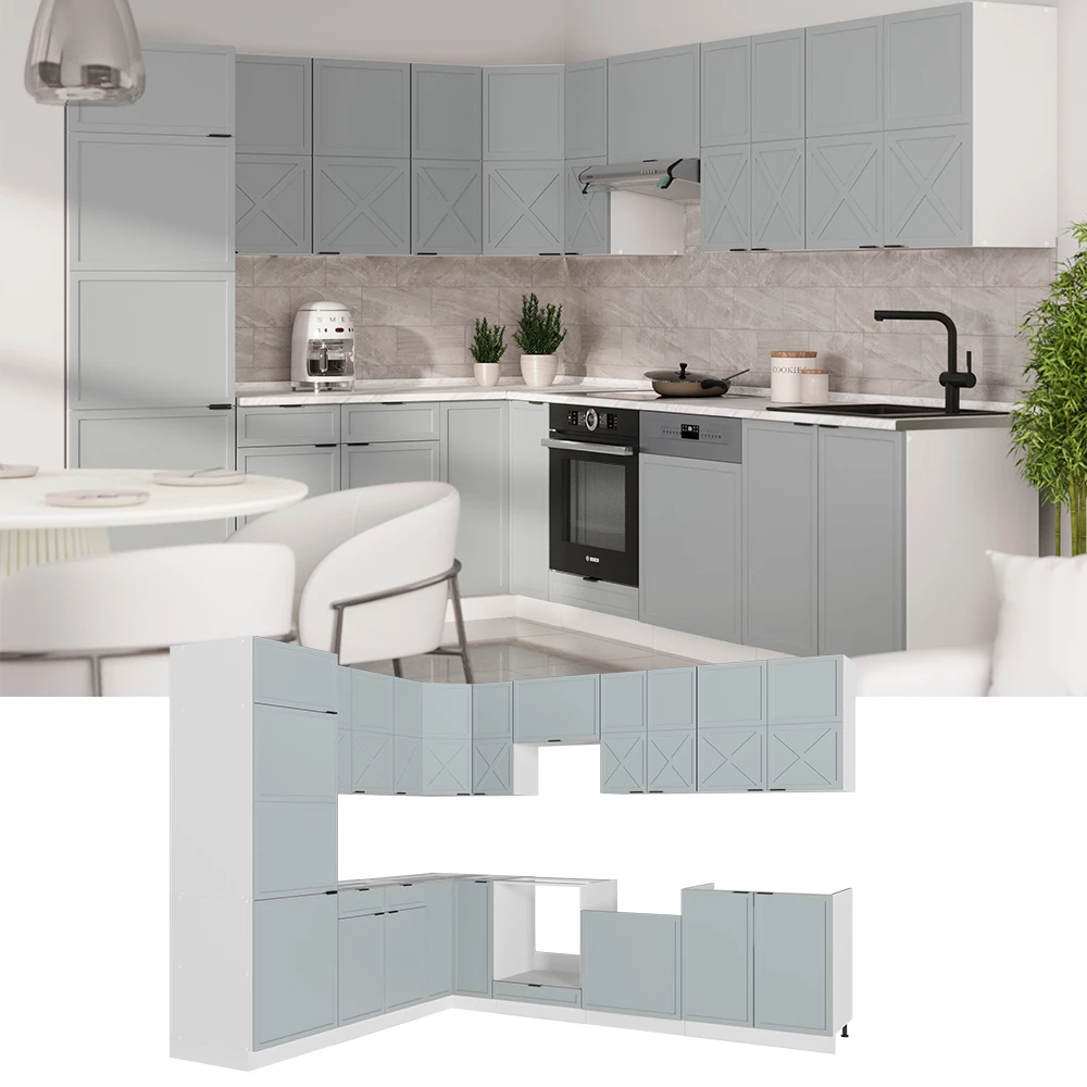 Cuisine en angle en Bleu clair-gris/blanc, présenté dans un décor ambiant et sur fond blanc