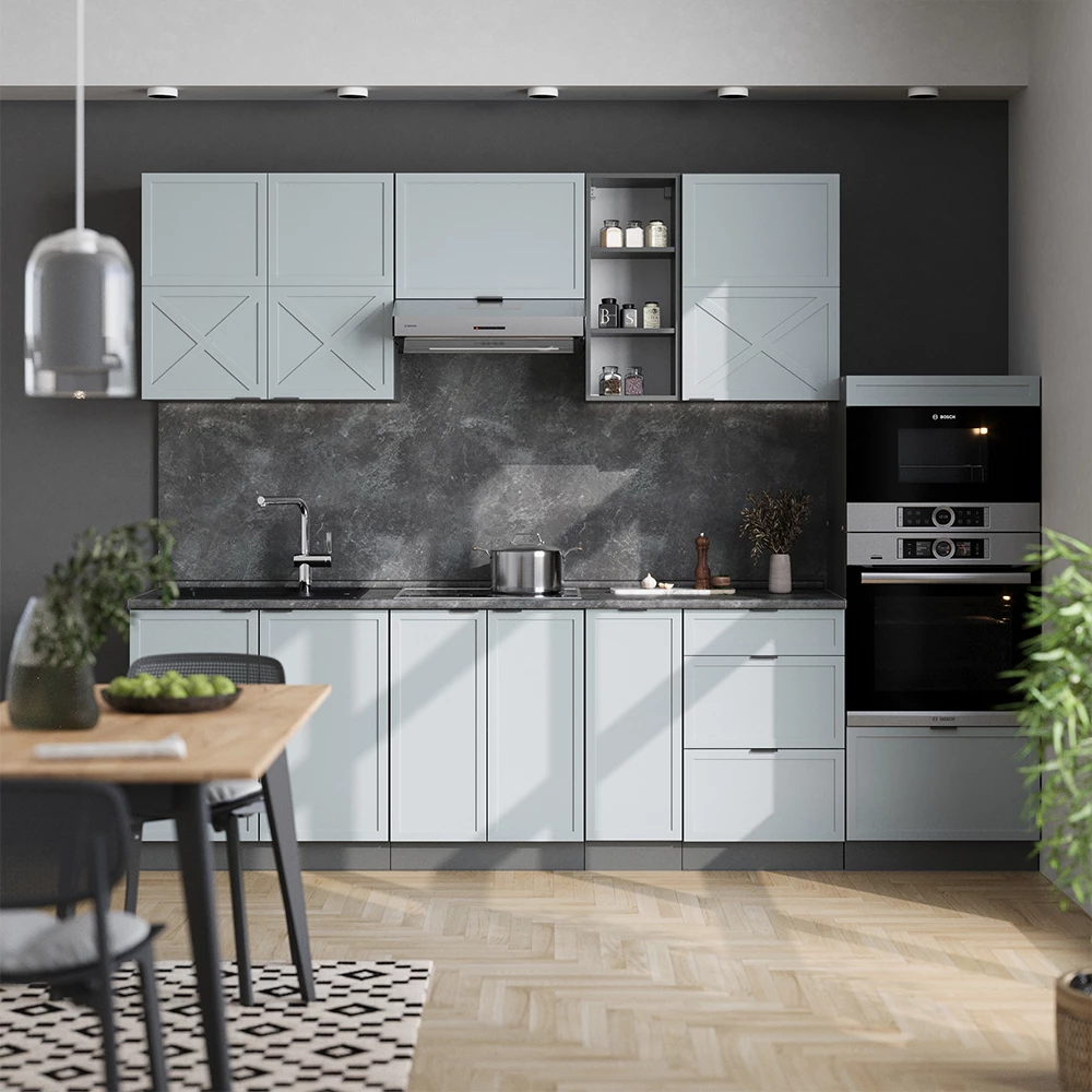 Čajna kuhinja u boji Hellblau-grau/Anthrazit na bijeloj pozadini