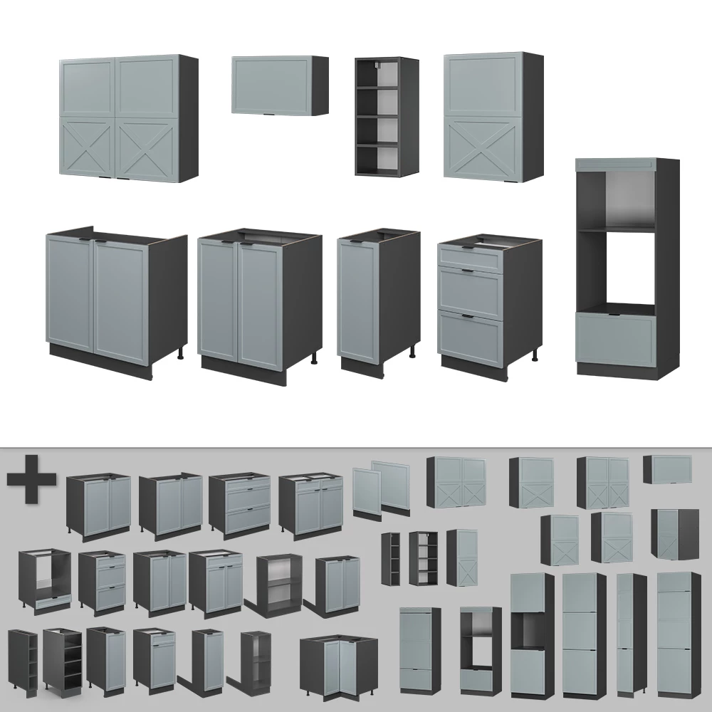 Gros plan de Cuisine en Bleu clair-gris/anthracite, montrant le design et les détails de surface