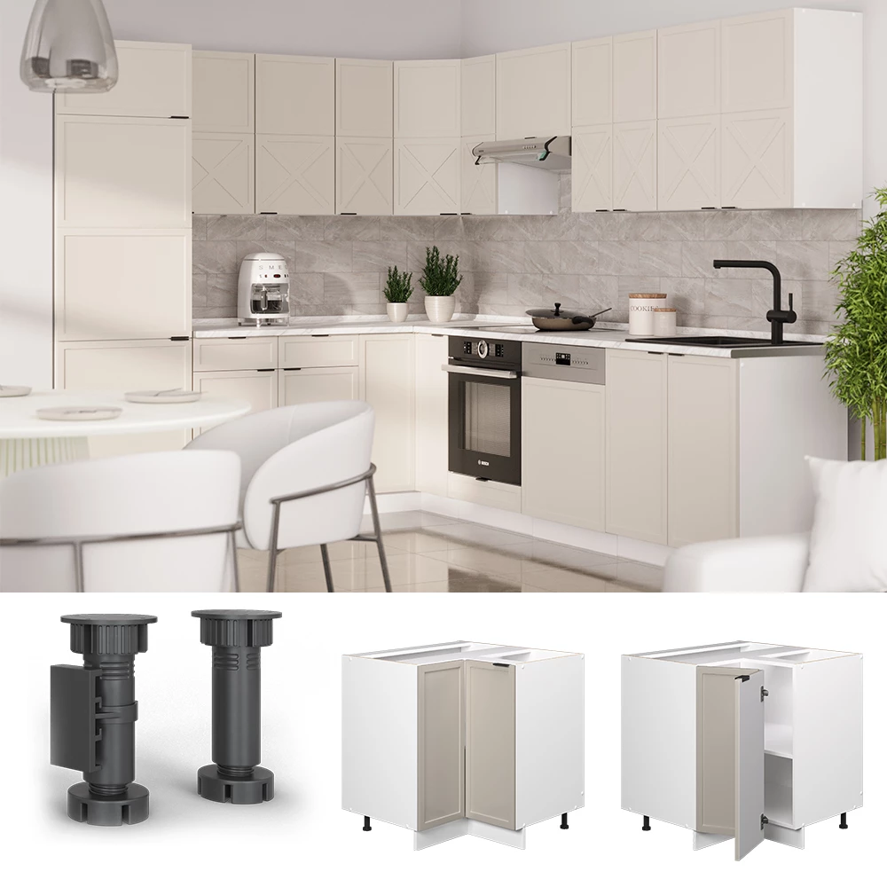 Eckunterschrank in GrauBeige auf weißem Hintergrund