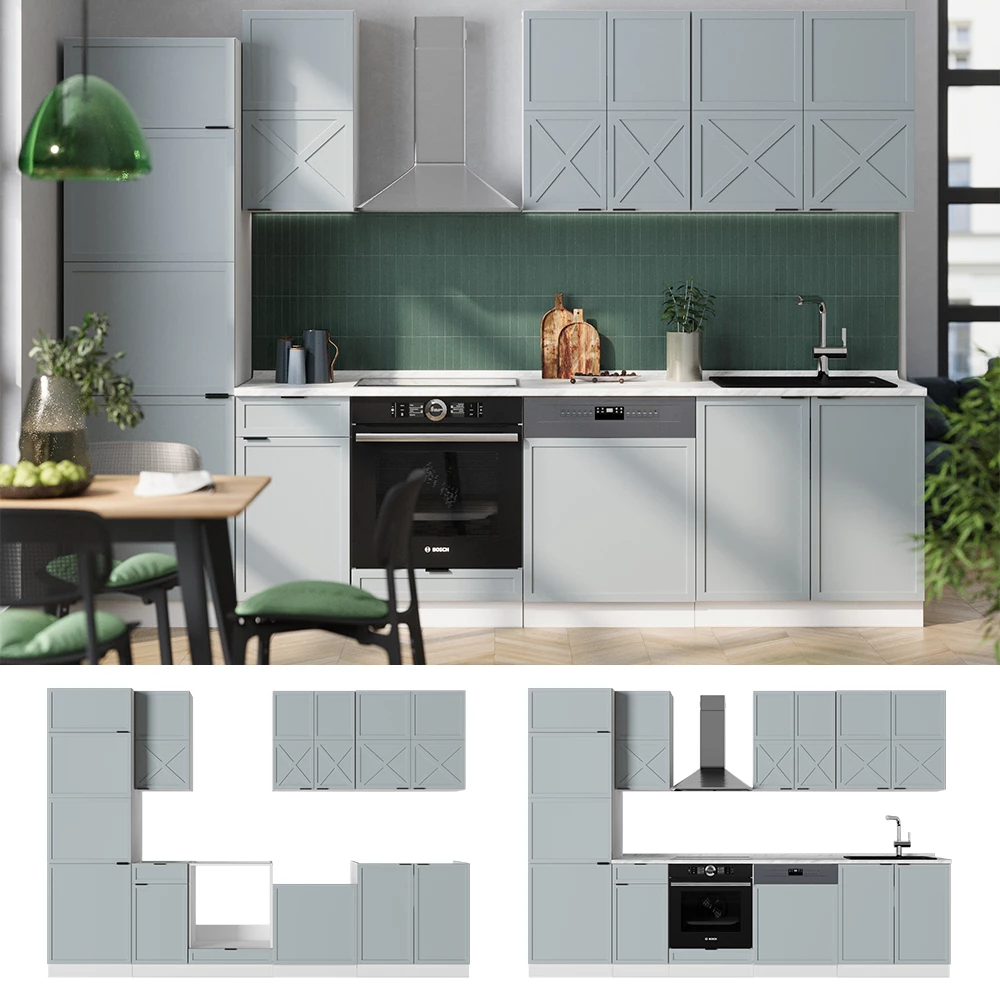 Cuisine en Bleu clair-gris/blanc, présenté dans un décor ambiant et sur fond blanc
