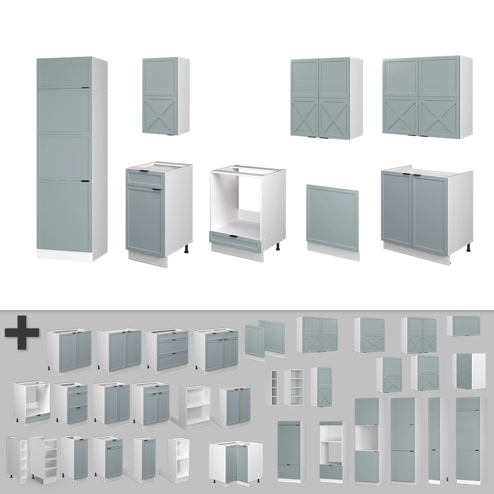 Gros plan de Cuisine en Bleu clair-gris/blanc, montrant le design et les détails de surface