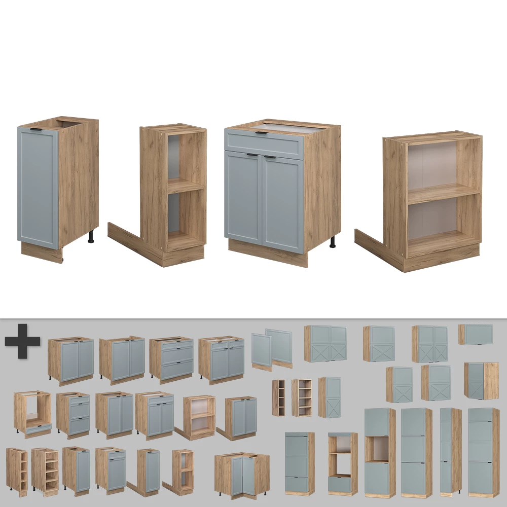 Nahaufnahme von Kücheninsel in Hellblau-grau, zeigt Design- und Oberflächendetails