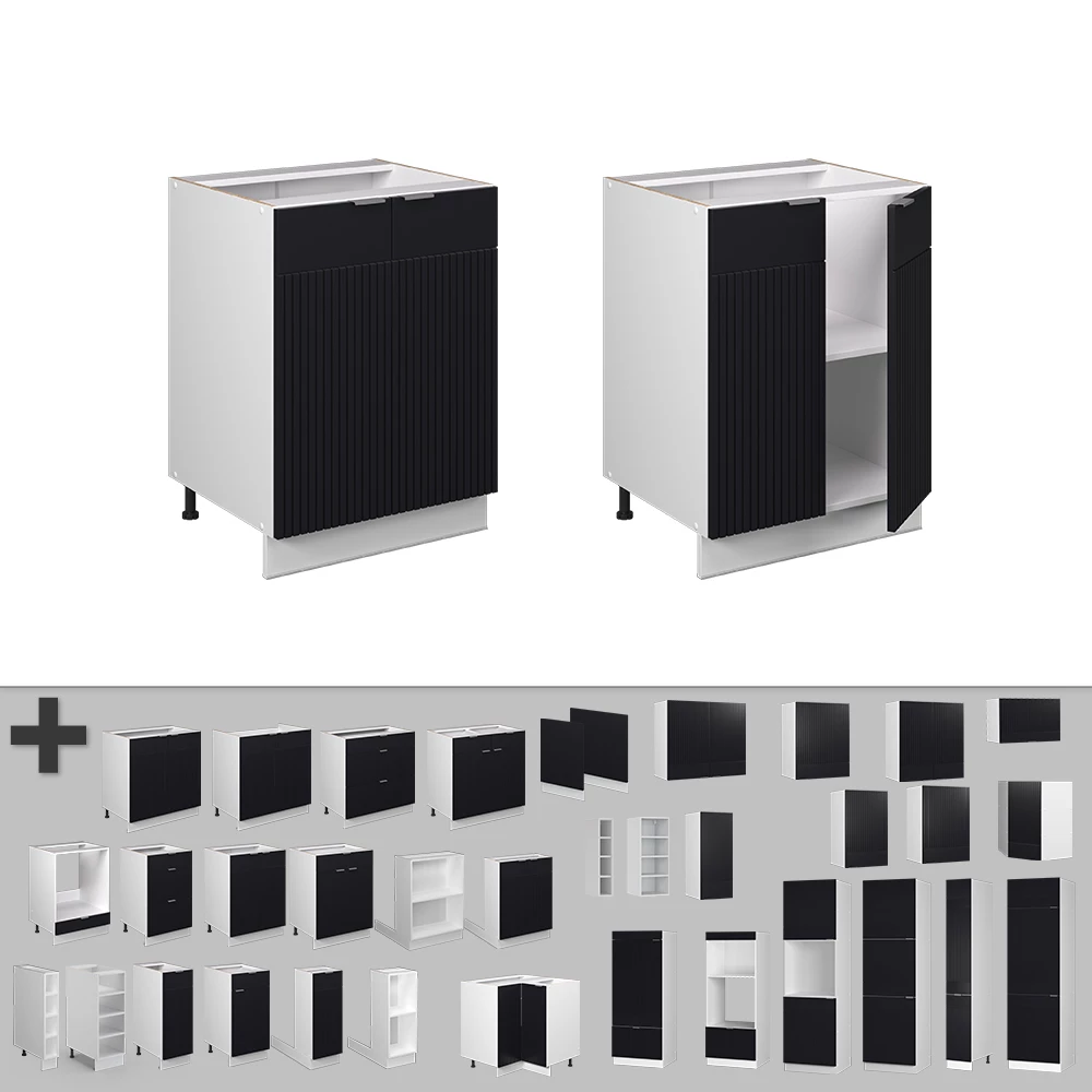 Nahaufnahme von Küchenunterschrank in Schwarz gestreift, zeigt Design- und Oberflächendetails