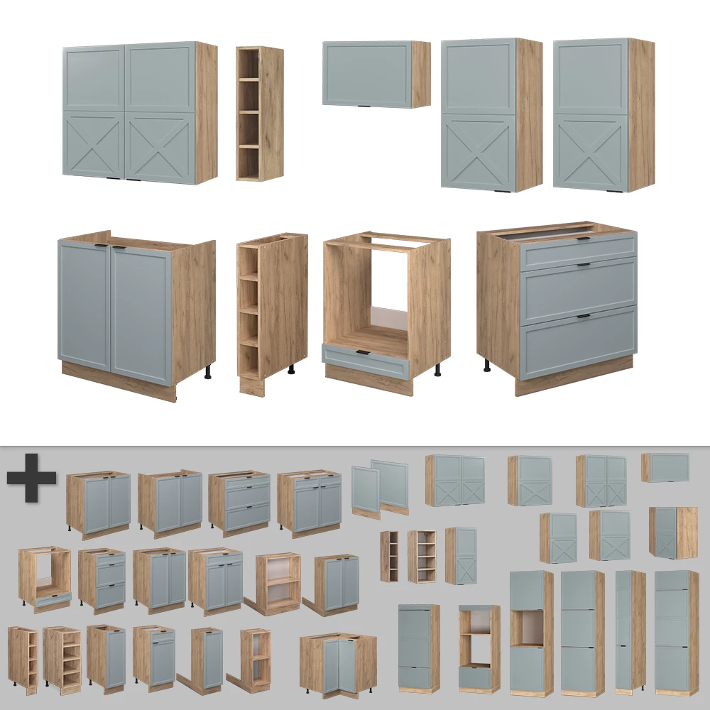 Gros plan de Cuisine en Bleu clair-gris/chêne force d'or, montrant le design et les détails de surface