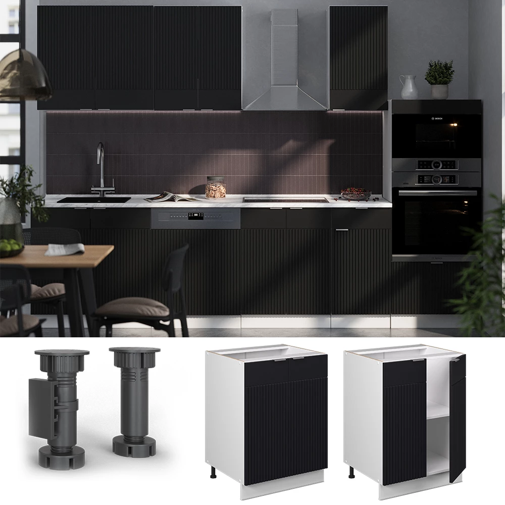 Mobiletto base cucina in Nero a righe su sfondo bianco