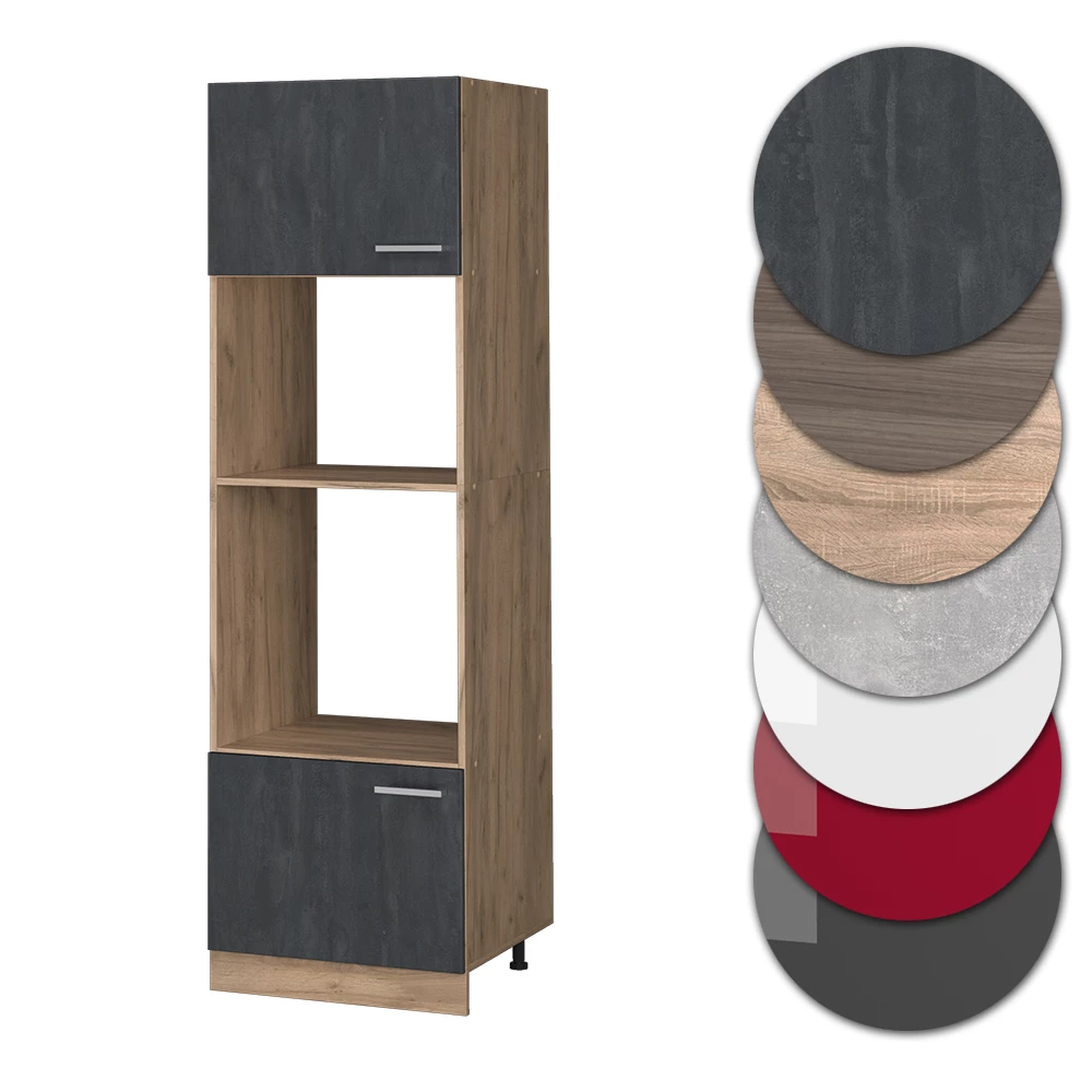 Nahaufnahme von Mikrowellenschrank in Schwarz Beton, zeigt Design- und Oberflächendetails