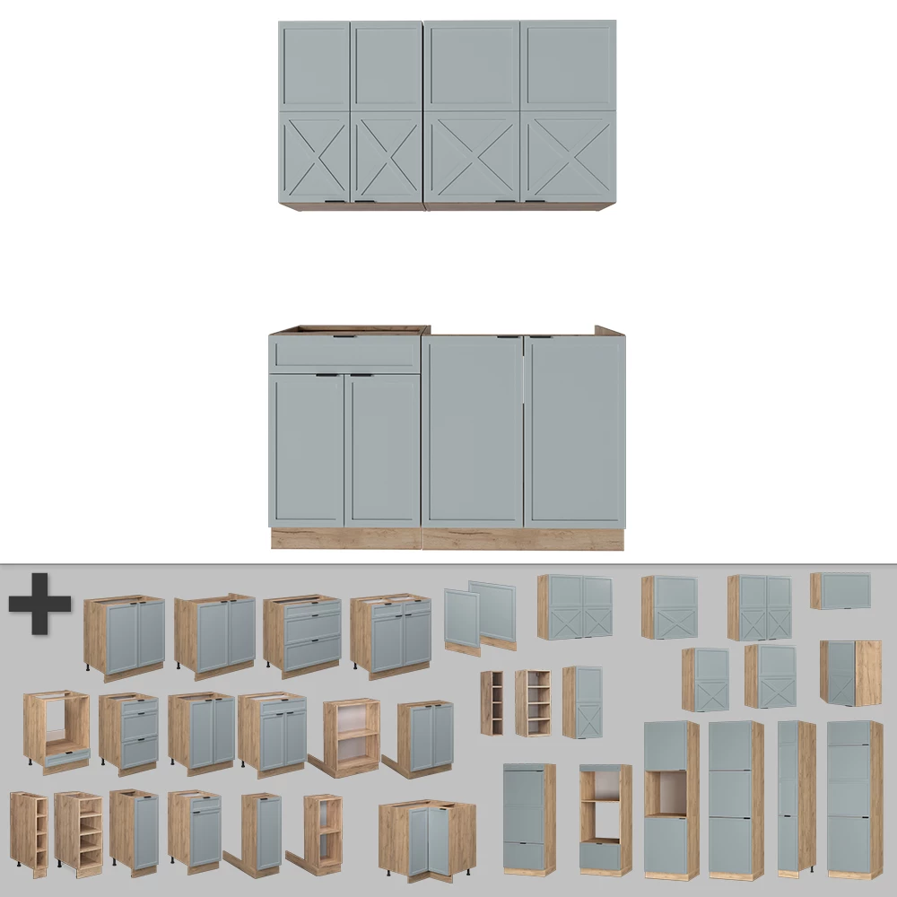 Nahaufnahme von Singleküche in Hellblau-grau/Goldkraft Eiche, zeigt Design- und Oberflächendetails