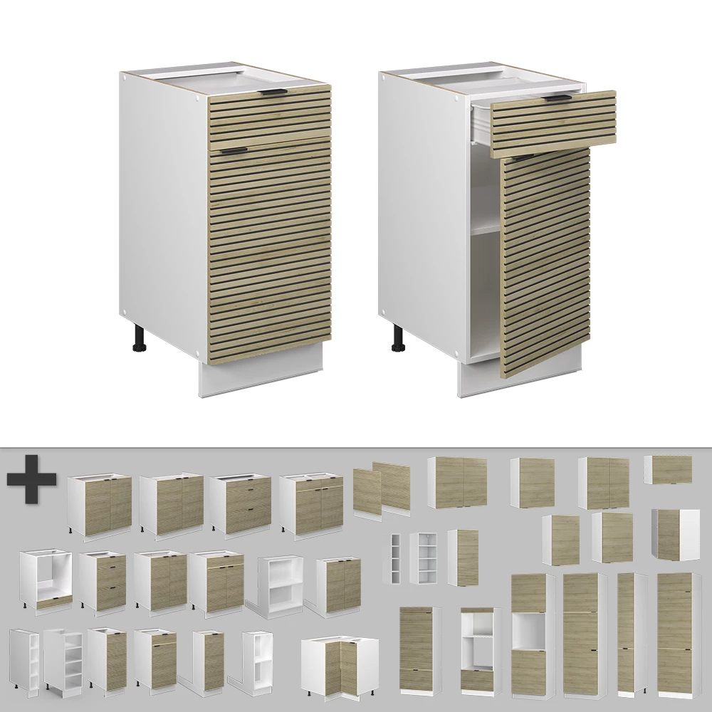 Nahaufnahme von Küchenunterschrank in Eiche Paneel, zeigt Design- und Oberflächendetails
