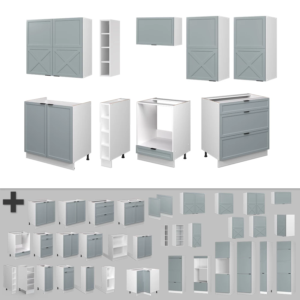 Gros plan de Cuisine en Bleu clair-gris/blanc, montrant le design et les détails de surface