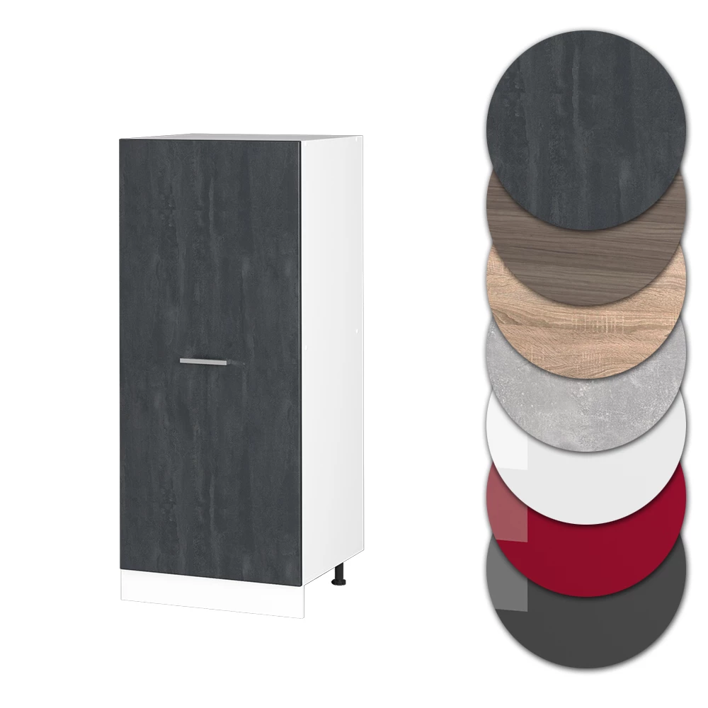 Nahaufnahme von Vorratsschrank in Schwarz Beton, zeigt Design- und Oberflächendetails