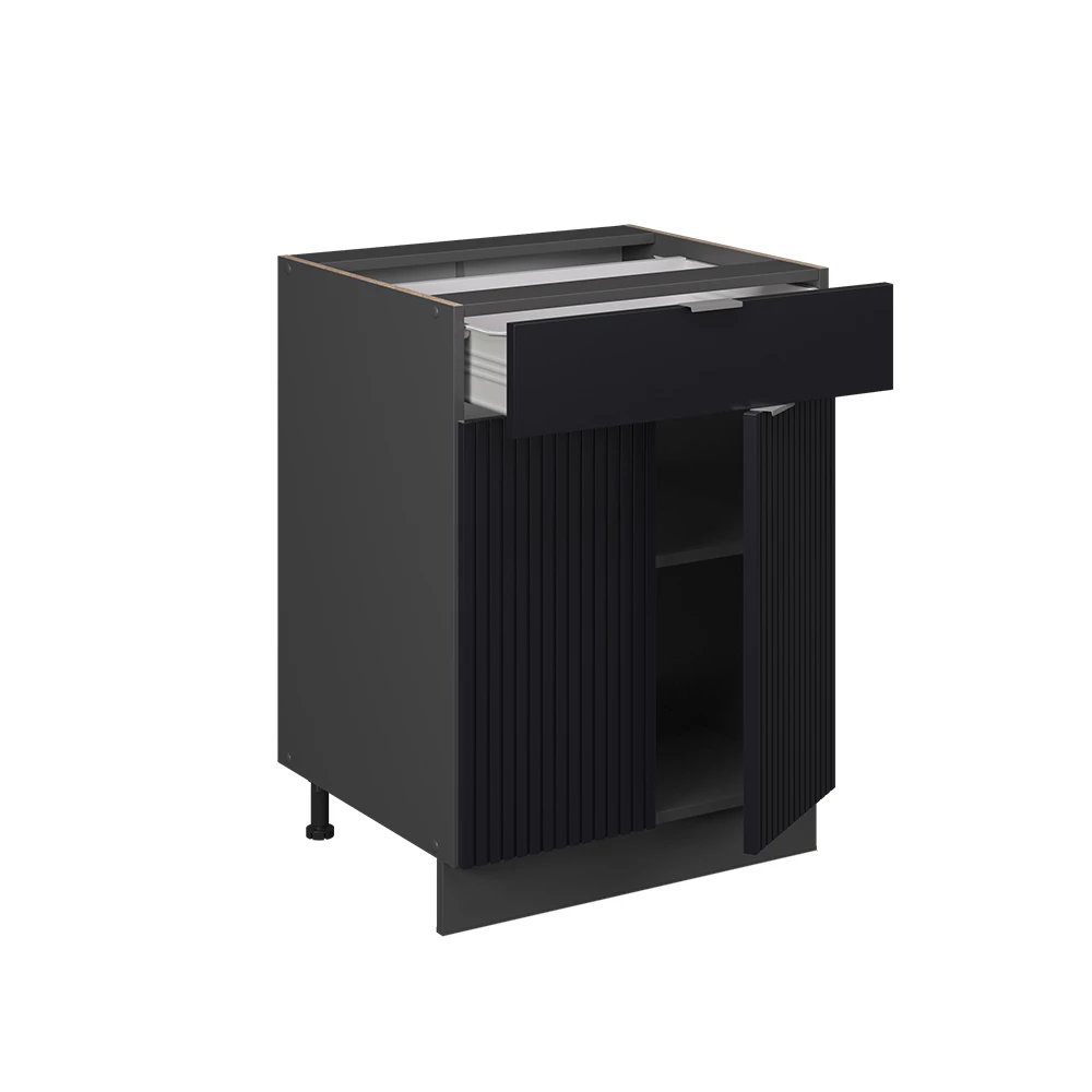 Nahaufnahme von Küchenunterschrank in Schwarz gestreift, zeigt Textur/Details