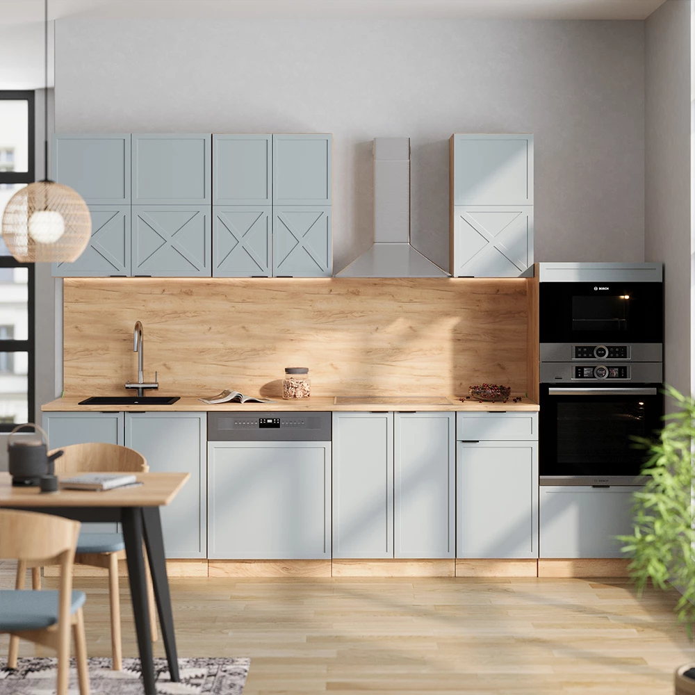 Kitchenette in Albastru-gri deschis/Stejar Goldkraft on white background