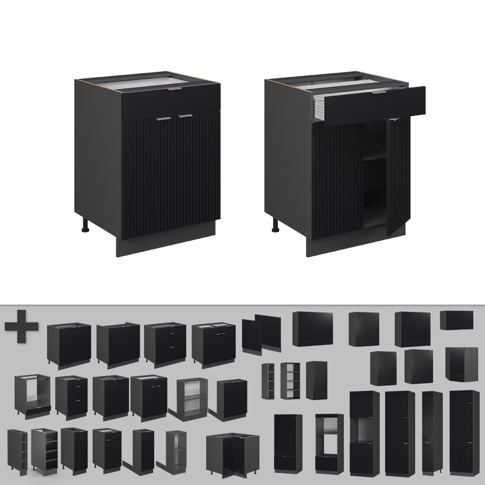 Nahaufnahme von Küchenunterschrank in Schwarz gestreift, zeigt Design- und Oberflächendetails