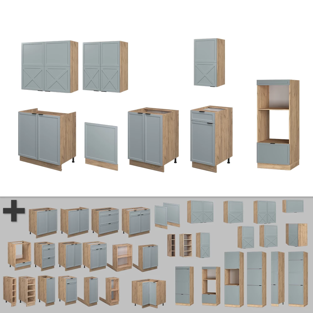 Gros plan de Cuisine en Bleu clair-gris/chêne force d'or, montrant le design et les détails de surface